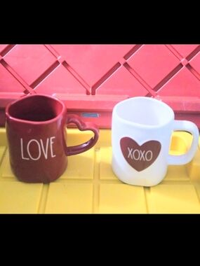 Rae Dunn Red and White LOVE & XOXO Heart-Handle Mug Pair